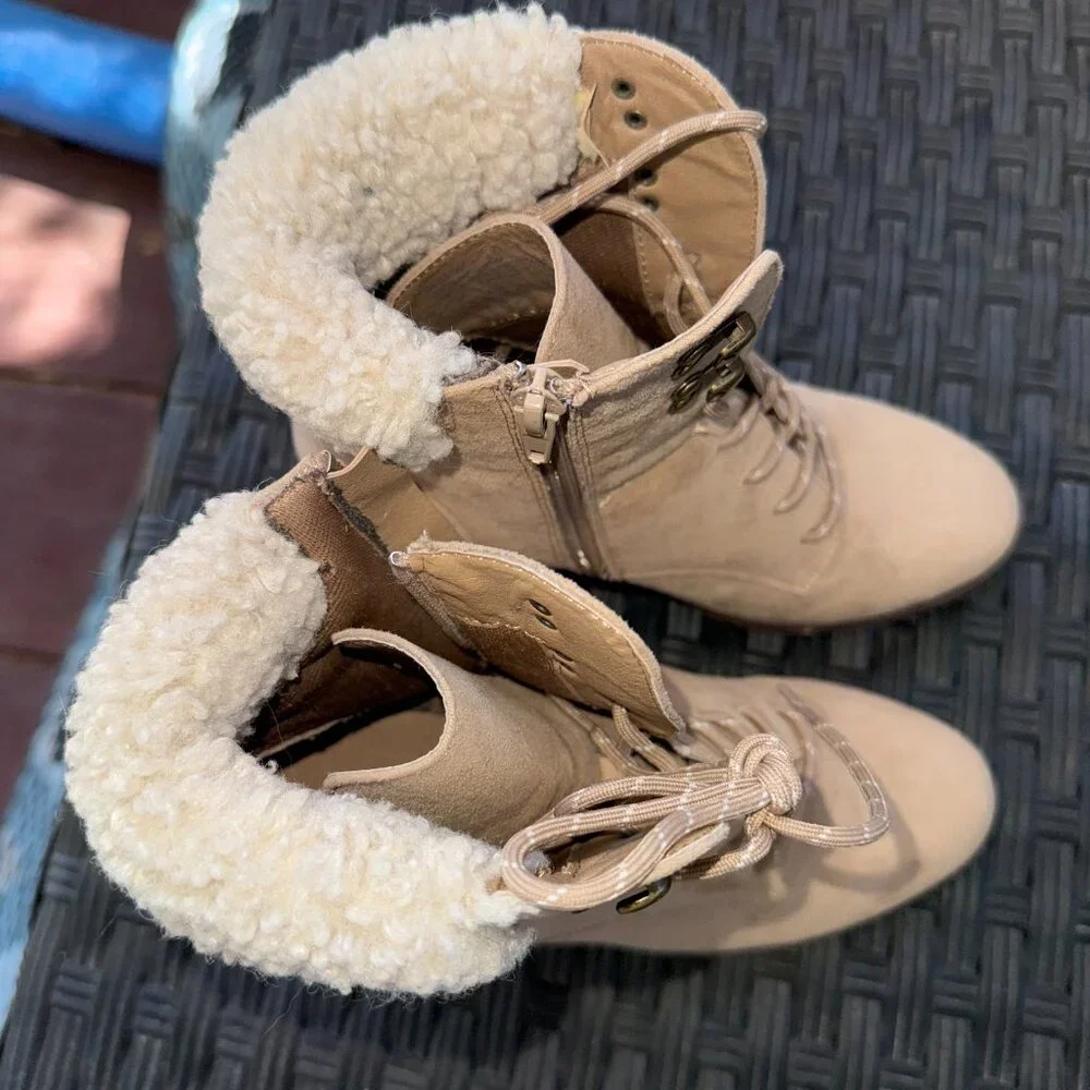 Tan High Heel Ankle Boots Booties Suede Fur Trim Women Size 7 - Picture 4 of 11